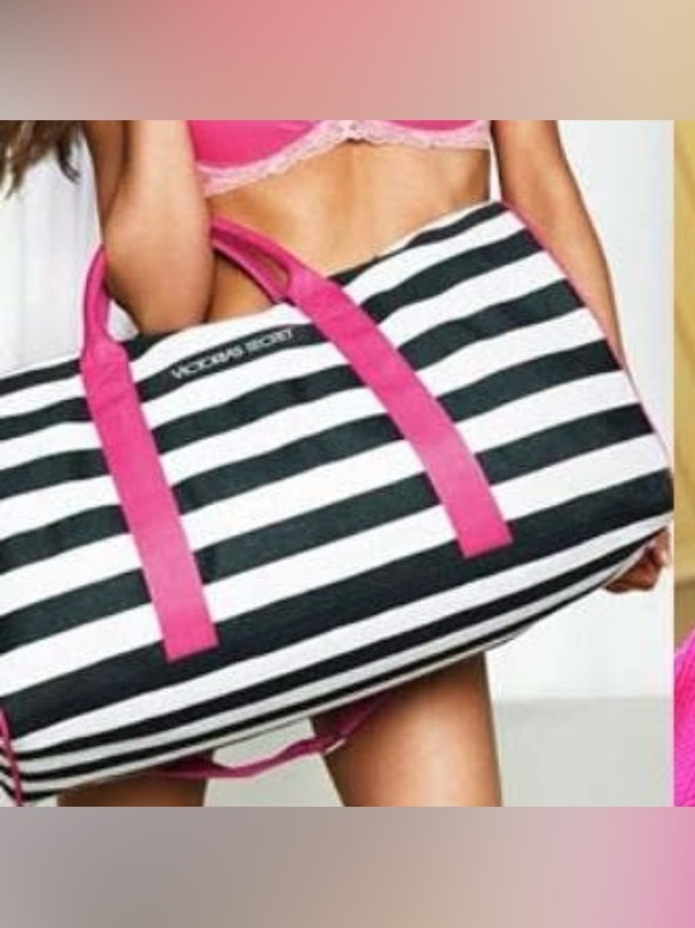 Victoria’s Secret White and black striped weekend bag